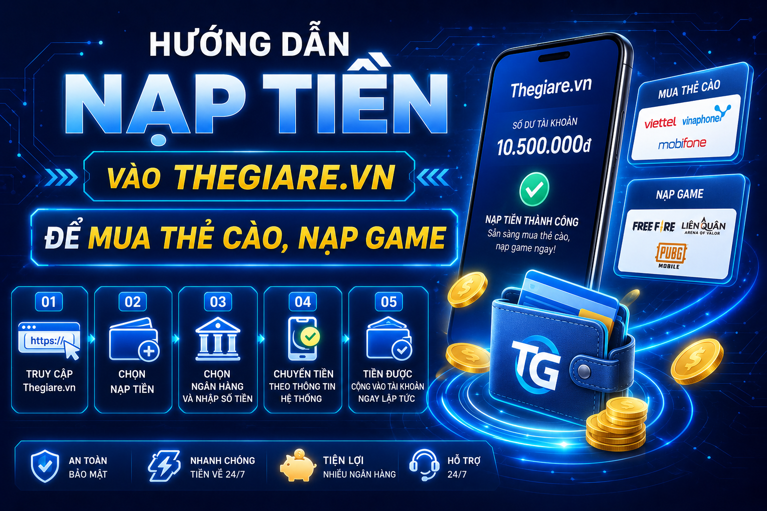 Hướng dẫn nạp tiền vào Thegiare.vn để mua thẻ cào, nạp game