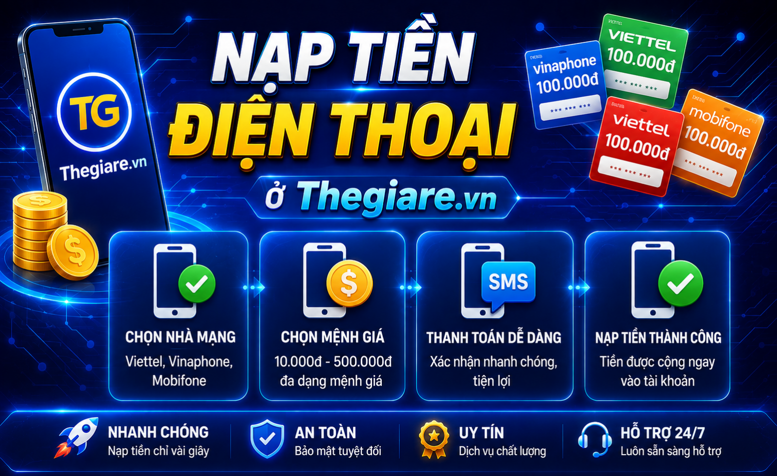 Cách nạp tiền vào Sim Viettel, Mobifone, Vinaphone ở Thegiare.vn chiết khấu 10 - 15%